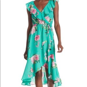 Ruffled Faux Wrap High/low Midi Dress Jade Floral